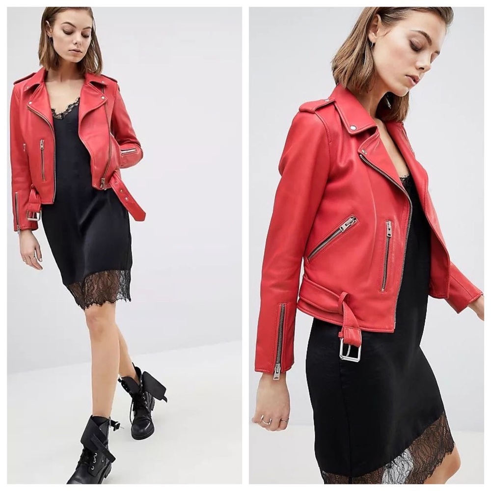 AllSaints Balfern Belted Coral Red Leather Biker Jacket Size 6
